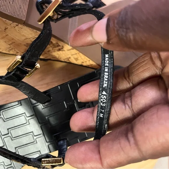 Tory Burch Black Ankle Strap Cork Wedge Sandal‎ Size 7 - Picture 6 of 13